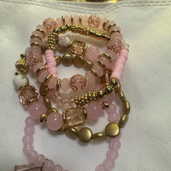 Charmed Stacked Pink and Gold Beaded Bracelets - Picture 4 of 6